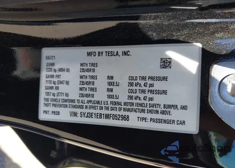 2021 Tesla Model 3 Long Range Dual Motor All-Wheel Drive from USA, damaged, VIN 5YJ3E1EB1MF052968